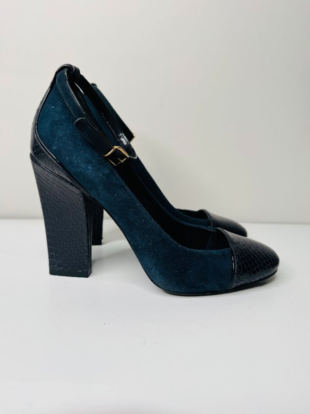 Tory Burch Gracie Blue Suede Leather High Heels Womens 8.5M Adjustable Ankle Str